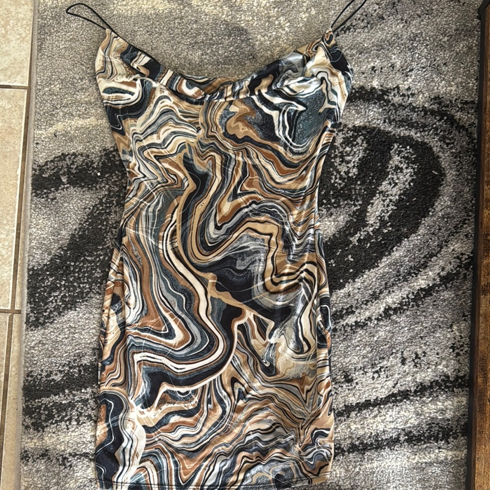 Windsor Marble Print Mini Dress - Black, Cream, Tan